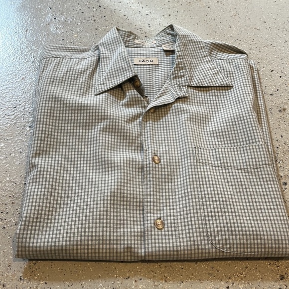VINTAGE IZOD SHORT SLEEVE BUTTON DOWN COTTON CHECKERED SHIRT GREEN SIZE M - Picture 4 of 10